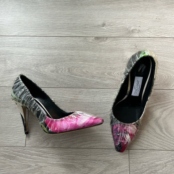 Off-White X Jimmy Choo Pink White Floral Satin Heels Plastic Overlay Size 37 - Picture 7 of 11